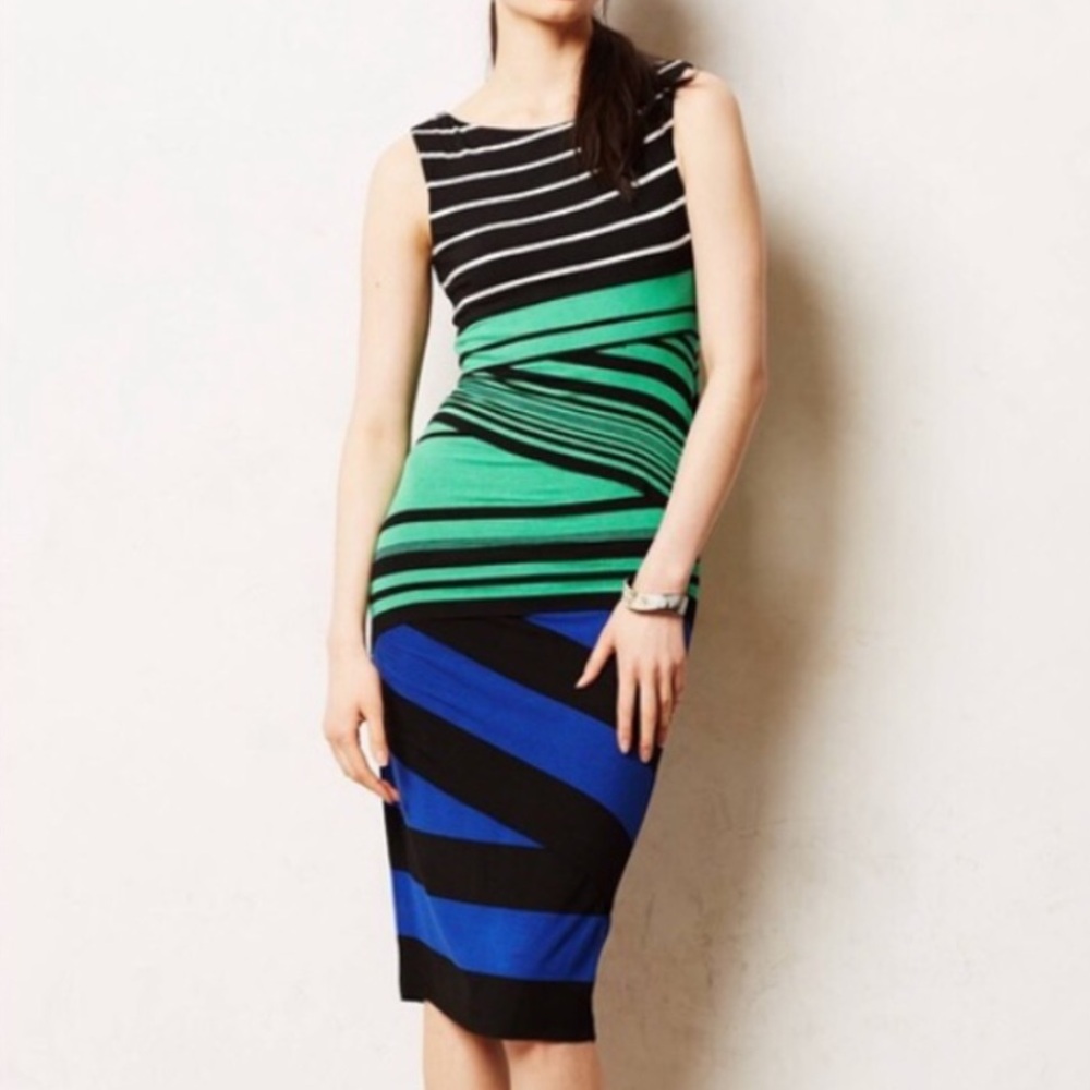 Bailey 44 Striped Blue Green Bodycon Sheath Casual Midi Dress Size Small‎